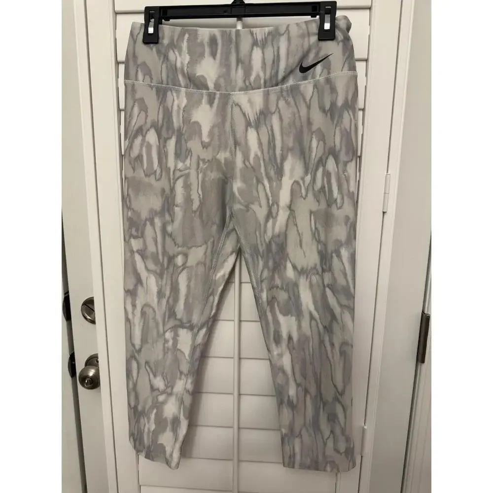 Nike Dri-FIT Women Grey White Abstract Print Cropped Leggings Size M Tie Dye